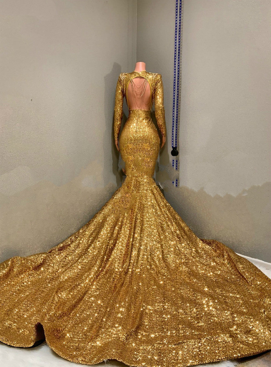 Luxury Sparkle & Shine V Neck Long Sleeve  Backless Chapel Train Prom Dress